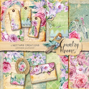 COUNTRY BLOOMS Kit de diário de lixo para impressão floral. Bo-ho, vintage, para scrapbooking, diários, criação de cartões, artesanato em mídia mista, folha de colagem