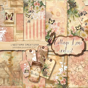 Junk Journal Kit COTTAGE LANE VOL2 Vintage bloemen afdrukbare Victoriaanse rozen. Scrapbooking, dagboeken, kaarten maken, gemengde media, collageblad