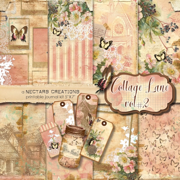 Junk Journal Kit COTTAGE LANE VOL2 Vintage Floral Printable Victorian Roses. Scrapbooking, Dzienniki, Tworzenie kartek, Technika mieszana, arkusz kolażu