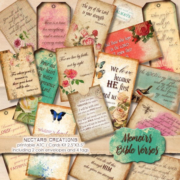 MEMOIRS_BIBLE_VERSES Vintage Printable 2.5"X3.5" ATC images collage sheet-scrapbooking, journals,cards,gifts,jewellery,labels, tags-BVK001