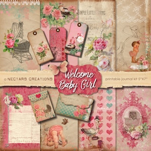 WELCOME BABY GIRL Vintage Printable Junk Journal Kit. Antique floral style, use for Scrapbooking, Journals, Card Making or Mixed Media craft