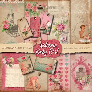 WILLKOMMEN BABY GIRL Vintage Printable Junk Journal Kit. Antiker Blumenstil, Verwendung für Scrapbooking, Journals, Kartenherstellung oder Mixed Media Handwerk