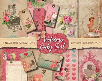 WELCOME BABY GIRL Vintage Printable Junk Journal Kit. Antique floral style, use for Scrapbooking, Journals, Card Making or Mixed Media craft