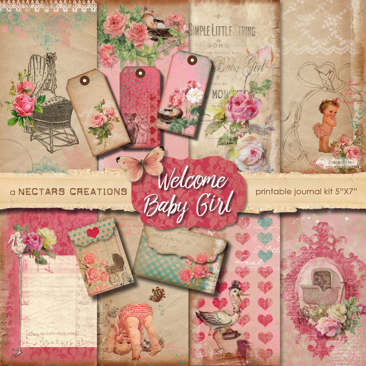 welcome baby girl vintage printable junk journal kit