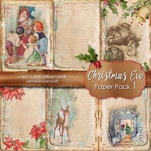 CHRISTMAS EVE_PP1- Zestaw do drukowania Junk Journal. Papier w kolorze kawy z koronką, do scrapbookingu, dzienników, kartek, rzemiosła w technice mieszanej