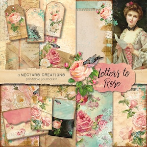 LETTERS TO ROSE Vintage Printable Junk Journal Kit. Vintage floral style, use for Scrapbooking, Journals, Card Making or Mixed Media craft