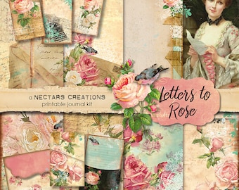 LETTERS TO ROSE Vintage Printable Junk Journal Kit. Vintage floral style, use for Scrapbooking, Journals, Card Making or Mixed Media craft
