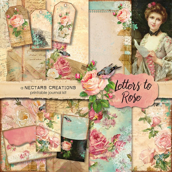Zestaw do druku vintage'owego dziennika "LISTY DO RÓŻY" (LISTS TO ROSE). Kwiatowy styl vintage, do scrapbookingu, tworzenia dzienników, kartek okolicznościowych lub prac w technice mieszanej.