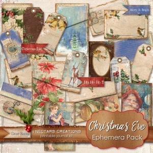 Zestaw Junk Journal do druku DIY_CHRISTMAS EVE_EPHEMERA_Pack-Papier vintage poplamiony kawą-koronka-Scrapbooking-Dzienniki-Karty-Media mieszane-Kolaż