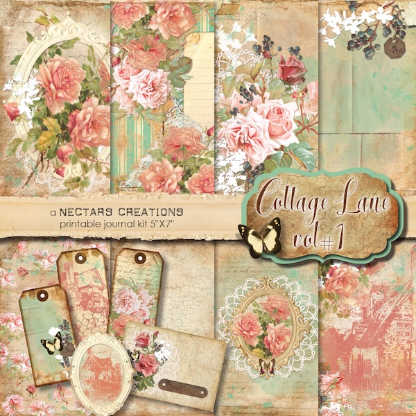 Zestaw do druku dziennika śmieci COTTAGE LANE, tom 1, styl vintage, wiktoriański, kwiaty, pobieranie cyfrowe, papiery, efemerydy, NectarsCreations
