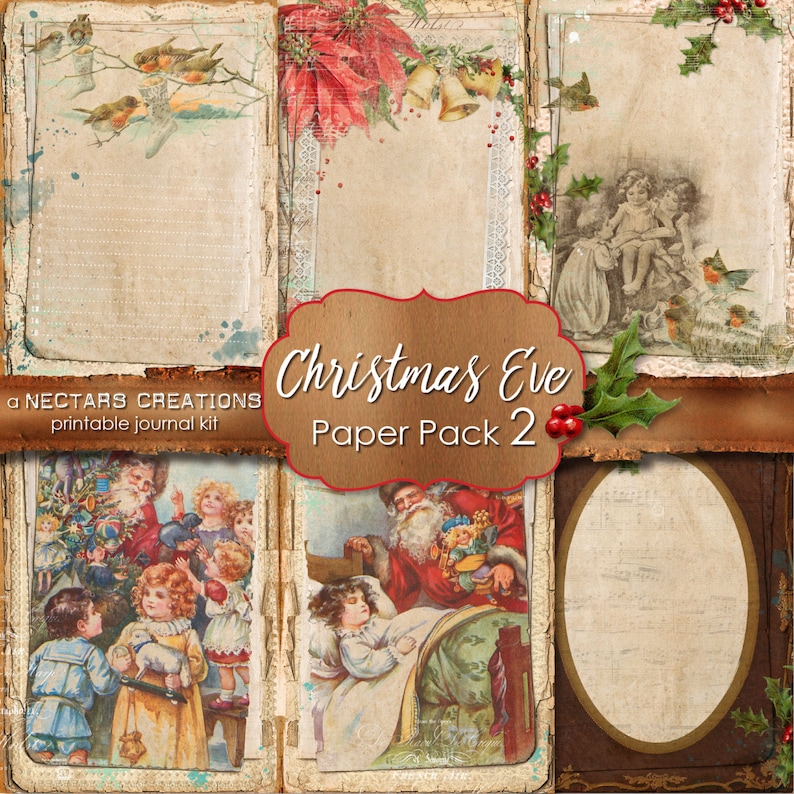 Junk Journal Kit Printable DIY CHRISTMAS EVE_PP2-Vintage coffee stained paper-lace-Scrapbooking-Journals-Cards-Mixed Media crafts-Collage image 1