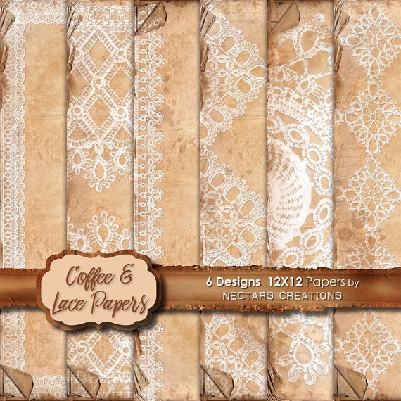 COFFEE & LACE 12X12 Paper Set. Vintage Coffee Stained Distressed