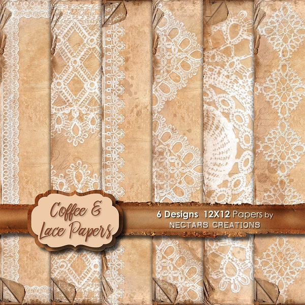 COFFEE & LACE 12X12 Paper Set. Vintage coffee stained distressed paper and lace, for Scrapbooking, Journals, Cards or Mixed Media craft