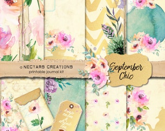 Junk Journal Kit SEPTEMBER CHIC Vintage Printable. Tea Themed Bo-ho Floral, use for Scrapbooking, Journals, Card Making or Mixed Media craft