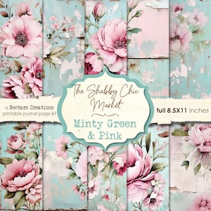 Kit de diario basura SHABBY CHIC MARKET-Rosa y verde menta. Papel vintage en tonos rosa, Scrapbooking, Diarios, Tarjetas o Técnica mixta, Collage