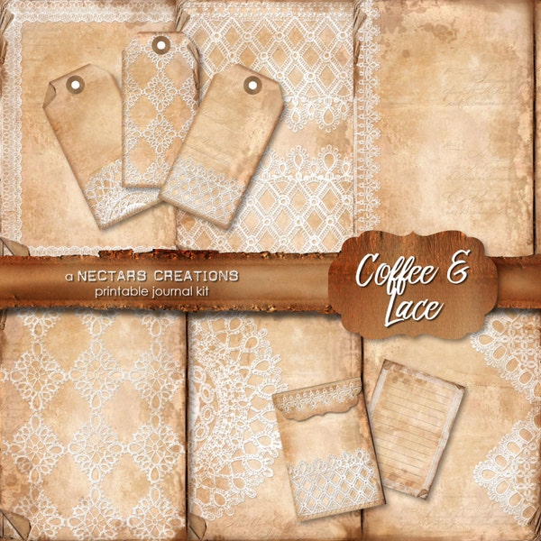 COFFEE & LACE Printable Junk Journal Kit. Vintage coffee stained paper and lace, for Scrapbooking, Journals, Cards or Mixed Media craft