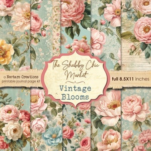 Junk Journal Kit SHABBY CHIC MARKT-vintage bloemen. Vintage papier in roze en blauwgroen, scrapbooking, dagboeken, kaarten, mixed media, collage