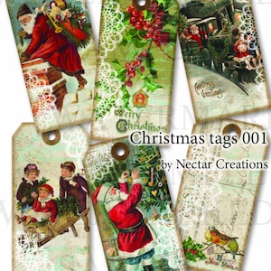 Christmas tags vintage afdrukbare afbeeldingen INSTANT DOWNLOAD collage blad voor scrapbooking, tijdschriften, kaarten, geschenken, sieraden, etiketten