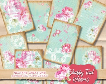 SHABBY_TEAL_ BLOOMS Vintage Printable 2.5"X3.5" ATC images collage sheet-scrapbooking, journals, cards, gifts, jewellery, labels, tags-BG001