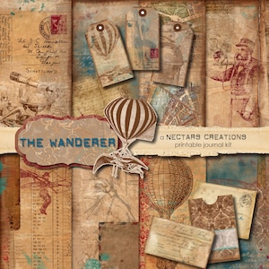 THE WANDERER Vintage Printable Junk Journal Kit. Antique masculine style, use for Scrapbooking, Journals, Card Making or Mixed Media craft