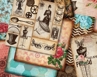 May include: A collage of vintage-inspired paper scraps with a steampunk theme. The papers feature images of gears, butterflies, a hot air balloon, and a mannequin with the text "Dream Pinned".