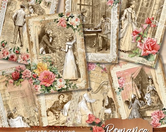 ROMANCE lace, VALENTINES roses Vintage Printable 5X7" ATC collage sheet, ephemera pack, printable journal spots and tags, digital download