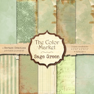 Kit de diario basura EL MERCADO DE COLORES-Verde salvia. Papel vintage en tonos verdes, Scrapbooking, Diarios, Tarjetas, Técnicas mixtas, Collage