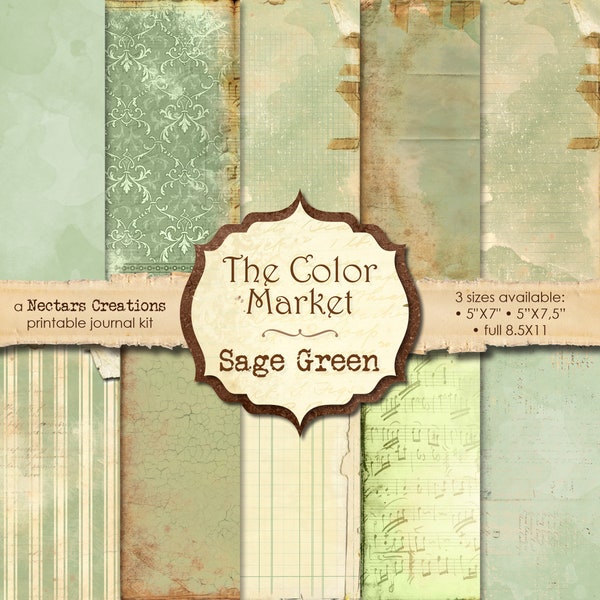 Junk Journal Kit THE COLOR MARKET-Sage Green. Vintage paper in shades of green, Scrapbooking, Journals, Cards, Mixed Media craft, Collage
