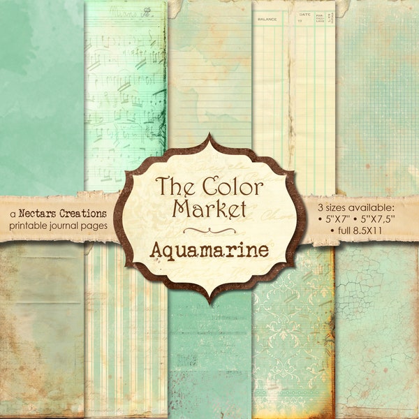 Junk Journal Kit THE COLOR MARKET-Aquamarine. Vintage blue-green victorian paper, Scrapbooking, Journals, Cards, Mixed Media craft, Collage