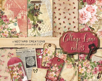 Junk Journal Kit COTTAGE LANE VOL3 Vintage Floral Printable Victorian Roses-Scrapbook-Journals-Card Making-Mixed Media-collage sheet-Planner