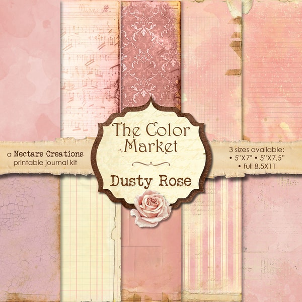 Junk Journal Kit THE COLOR MARKET-Dusty Rose. Vintage paper in shades of pink, Scrapbooking, Journals, Cards or Mixed Media craft, Collage
