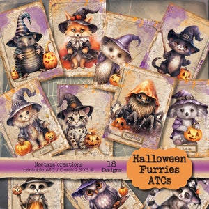 HALLOWEEN FURRIES Vintage druckbare 2,5 "X 3,5" ATC Bild Collage Blatt-Scrapbooking, Junk Journal, Karte, Basteln, Tag, Ephemera, niedliches Tier