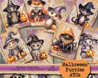 HALLOWEEN FURRIES Vintage Printable 2.5"X3.5" ATC image collage sheet-scrapbooking, junk journal, card, crafting, tag, ephemera, cute animal