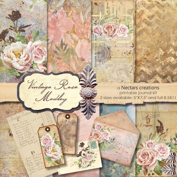 Junk Journal Kit VINTAGE ROSE MEDLEY Floral afdrukbare Victoriaanse rozen-Scrapbook-Journals-Card Making-Mixed Media-collage blad-Planner