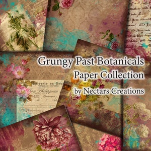 Grungy Past Botanicals Download immediato collage stampabile 12X12 o 8X8 per diari, album di ritagli, cartoline, sfondi vintage floreali sgangherati_01