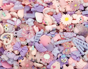 Pastel Kawaii Charms, 20 piece Mix of Pink & Purple Cute Resin Cabochon Pendants, Adorable Charm Sets for Kandi Bracelets