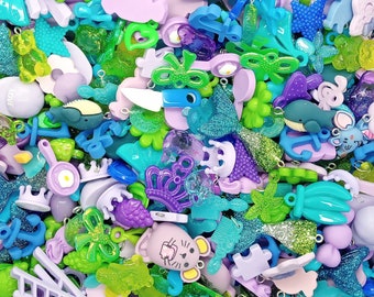Cute Charm Mix in Blue Green & Purple, 30 Assorted Acrylic Charms and Resin Cabochon Pendants, Chunky Jewelry Charms, Food Animals and More