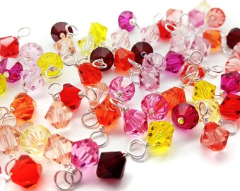 25 Bicone Dangles, Mixed Bead Charms in Pink Red Orange & Yellow, Warm Color Mix, 6mm Assorted Czech Crystal Glass Bead Dangles in Bulk