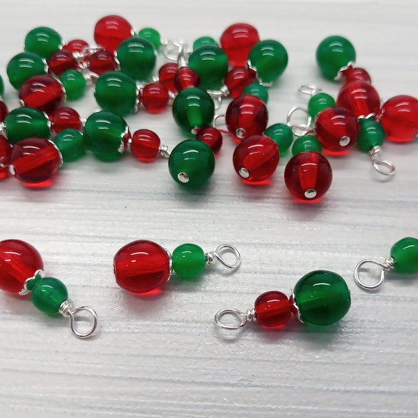 Christmas Bead Charms, 10pc Small Dangles with Red & Green Glass Beads, for Holiday Jewelry Making
