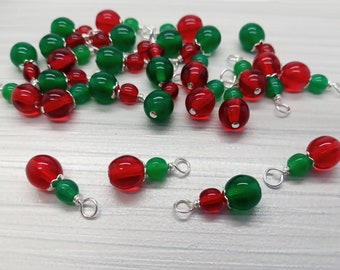 Christmas Bead Charms, 10pc Small Dangles with Red & Green Glass Beads, for Holiday Jewelry Making