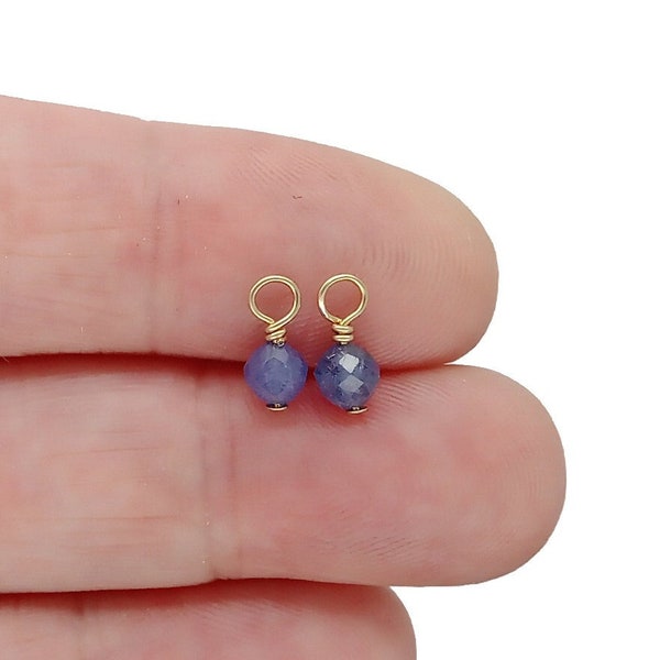 Tiny Tanzanite Dangles, Pair, Faceted 4mm Purple Gemstone Charms w/ 14K Gold-Filled Wire, 2pc Mimimalist Dainty Jewelry, December Birthstone