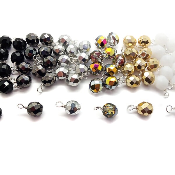 Czech Glass Dangles, 8mm Faceted Bead Charms, Set of 10 Fire-Polished Bead Dangles in Jet Black - Silver - Gold - Hematite - Marea - Clear
