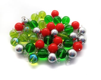 Christmas Dangle Mix, 10 or 20-piece Sets, Red Green White & Silver Glass Bead Charms for Christmas and Holiday Jewelry