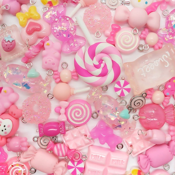 Pink Candy Charms, 25 pieces, Cute Resin Pendants for Kawaii & Kidcore Aesthetic Jewelry, Big Variety for CandyCore DIY, 1 inch long