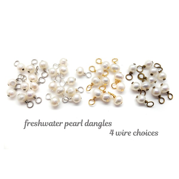 10pc Tiny Freshwater Pearl Dangle Charms with your choice of Wire: Silver-Plated, Antique Brass, Gold-Plated or Antique Silver