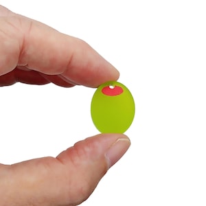 Tiny Olive Charms, 4 pc Miniature Food Pendants, Acrylic Green Manzanilla Olives with Pimento for Earrings or Charm Bracelets, 1 inch tall