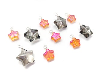 Star Charms for Halloween Jewelry, 10 pieces, Orange Red Pink AB Glass Star Bead Dangles with Gray Translucent Charms, about 1/2 to 3/4 long