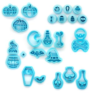 May include: A collection of light blue Halloween-themed cookie cutters. The set includes pumpkin, skull, bat, witch hat, coffin, and potion bottle shapes. These cutters are designed for creating festive treats.