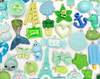 Blue & Green Kawaii Charms, 20 piece Mix of Cute Resin Cabochon Pendants, Adorable Charm Sets for Kandi Bracelets and DIY Jewelry