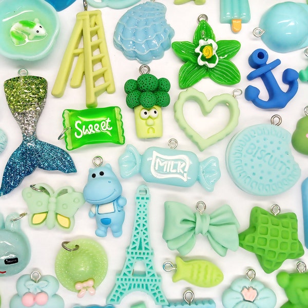 Blue & Green Kawaii Charms, 20 piece Mix of Cute Resin Cabochon Pendants, Adorable Charm Sets for Kandi Bracelets and DIY Jewelry